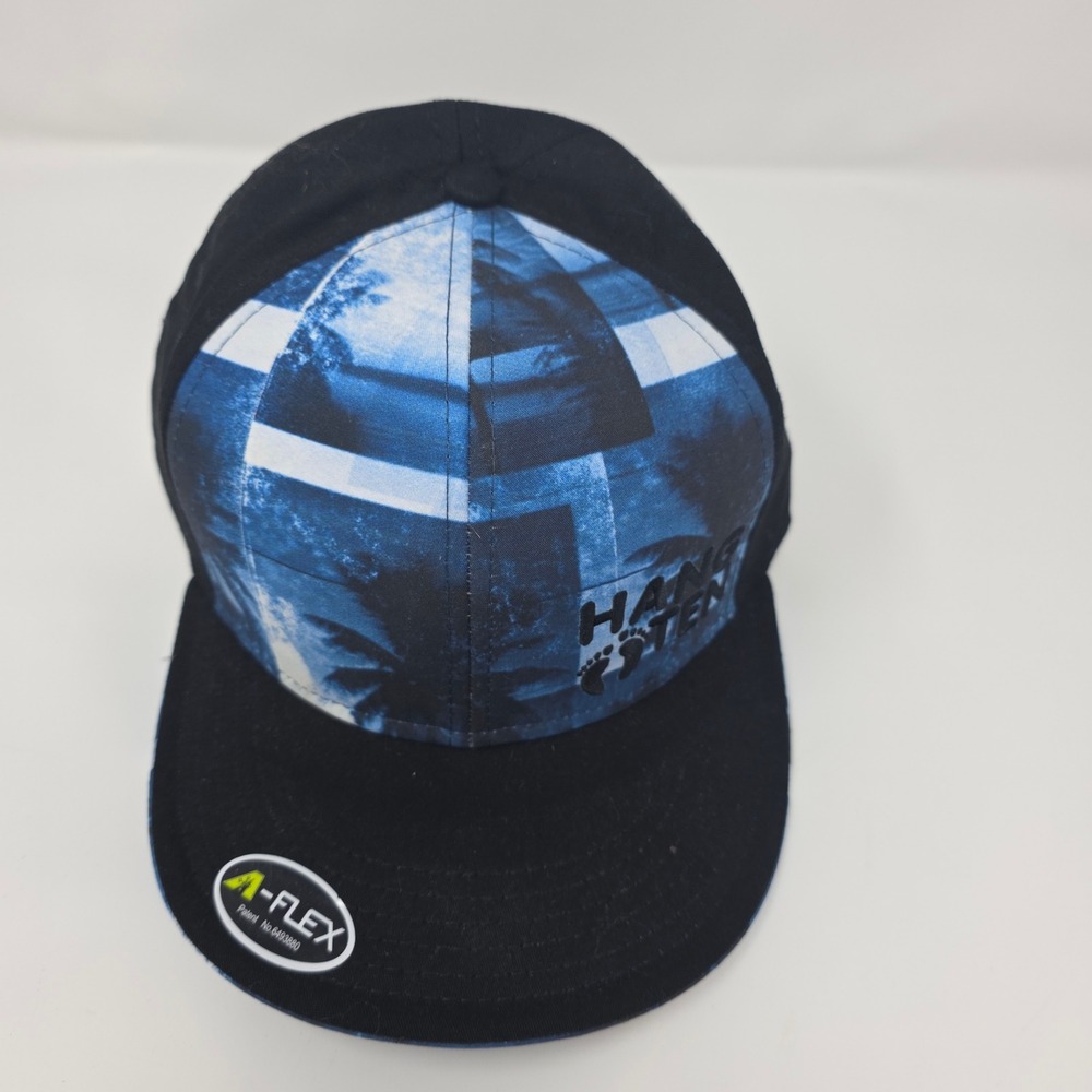 Hang Ten Hat Mens OS Black Blue Tropical Palm Tree A-Flex Stretch Fit Flat Bill